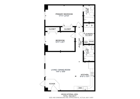 Floor plan for 2 beds, 2 baths, 1022 sqft